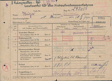 Der Zettel ist mit Eintragungen, Stempeln und Unterschriften der zahlreichen Stellen übersäht, die Flüchtende im Notaufnahmelager Berlin-Marienfelde zu besuchen hatten.