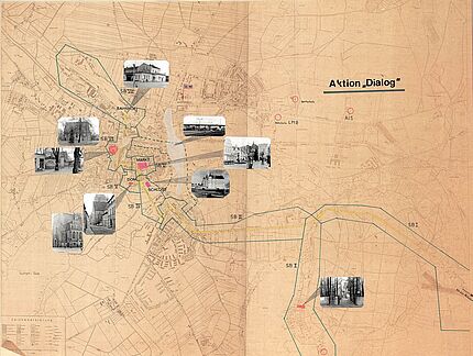 Karte der Stadt Güstrow, durch die Stasi mit Eintragungen mit Bezug zum bevorstehenden Besuch Bundeskanzler Schmidt in Güstrow versehen. Aufgeklebte Fotos zeigen die geplanten Stationen der Besucherdelegation im Stadtgebiet, farbige Markierungen zeigen markieren Einsatzorte und Bereitstellungsräume der Sicherheitskrafte.