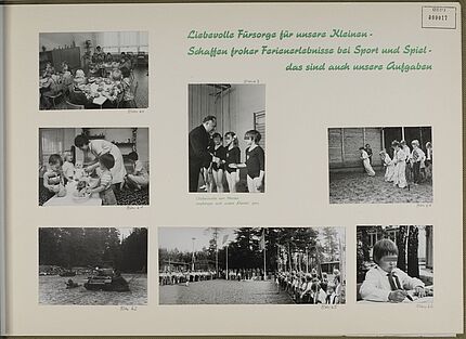 Das Blatt aus dem Fotoalbum trägt die Überschrift: "Liebevolle Fürsorge für unsere Kleinen - schaffen froher Ferienerlebnisse bei Sport und Spiel - das sind auch unsere Aufgaben". Das Blatt zeigt sieben Fotos. In der Mitte ist Erich Mielke mit Mädchen in Turntrikots zu sehen, die er anscheinend auszeichnet. Die anderen zeigen Kinder in einem Kindergarten und Junge Pioniere im Ferienlager, unter anderem bei einem Appell, beim Sackhüpfen und bei militärischen Übungen mit einem Kinderpanzer und Kindersturmgewehren.