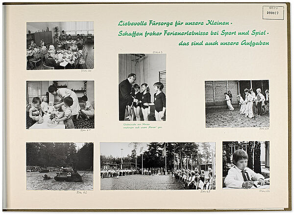 Seite aus einem Fotoalbum der VRD für Minister Erich Mielke als Geschenk zu seinem 70. Geburtstag 1977, Quelle: BArch, MfS, SdM, Fo, Nr. 19, Bl. 17 Seite aus einem Fotoalbum der VRD für Minister Erich Mielke als Geschenk zu seinem 70. Geburtstag 1977 mit Fotos zur Kinderbetreuung für Stasi-Angehörige