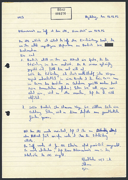 Handschriftliche Verpflichtungserklärung zur Zusammenarbeit mit der Stasi als IM Gerhard von Rainer Schedlinski, Seite 1